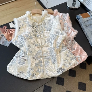 实拍新中式亮片绣花马甲背心女秋款新款加厚毛拼接重工国风上衣