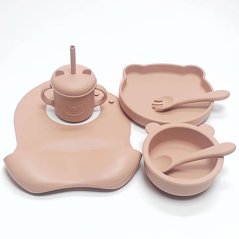 피치 컬러 (곰 1칸 실리콘 접시 + 곰 그릇 + 턱받이 + 컵 + 풀 실리콘 + 스푼 + 포크)