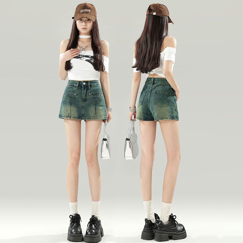 A- word High Waist Ultra Short Denim Culottes Ins Style Women's 2025 Tall and Slim Fashionable New Hot Pants Anti-glare