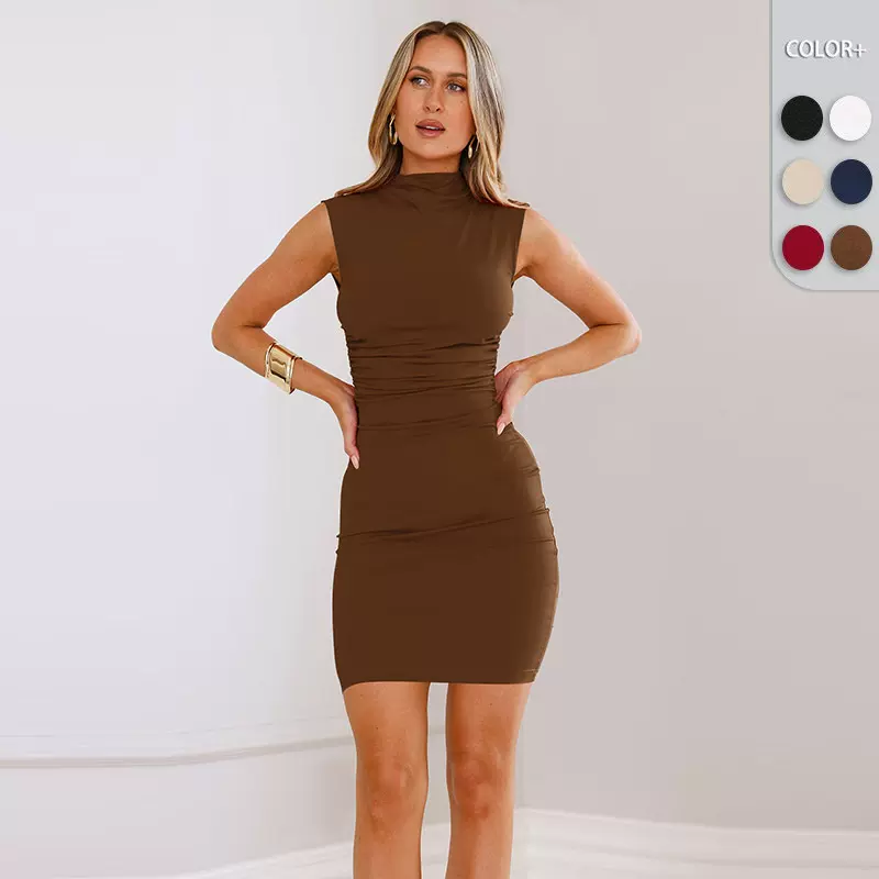2025新款跨境女式性感半高领褶皱收腰短裙欧美女装气质纯色连衣裙