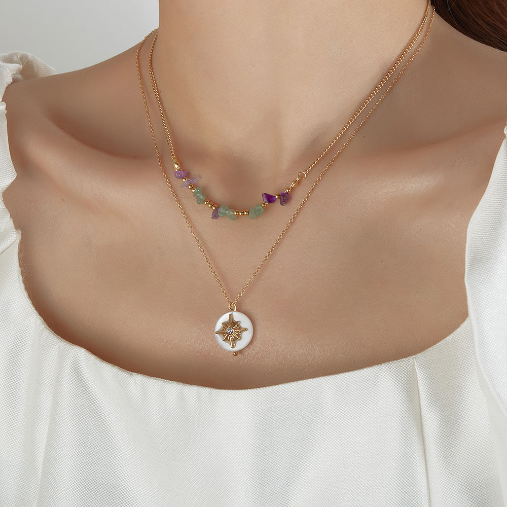 Double Layered Natural Stone Necklace With Octagonal Star Pendant_voghion.com