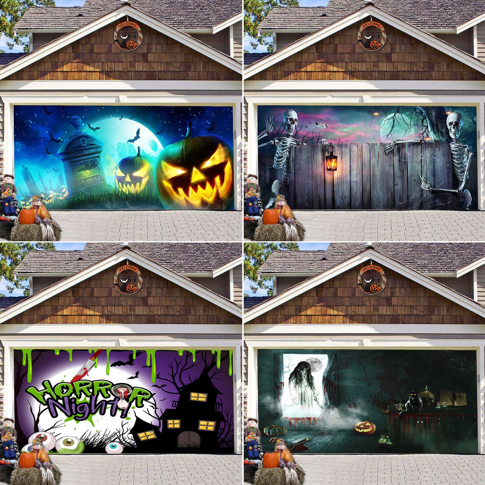 (2개) 할로윈 새로운 차고 배너 천으로 할로윈 공포 파티 휴일 장식 마당 차고 배너 배경 태피스트리