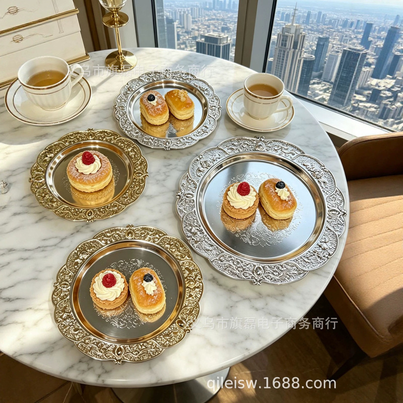 Cake Tray with Metal Embossed Design, Small Tray, Ins-Style Decorative Plate, Vintage Tea Cup Holder, Jewelry Storage Tray, Snack Cake Plate Cake Tray with Metal Embossed Design, Small Tray, Ins-Style Decorative Plate, Vintage Tea Cup Holder, Jewelry Storage Tray, Snack Cake Plate