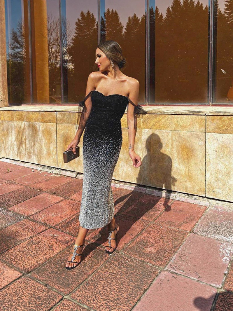 El Comercio exterior europeo y americano nuevo vestido de lentejuelas con cuello en V de cintura alta con Vestido de manga larga falda de la cintura banquete fiesta de cóctel