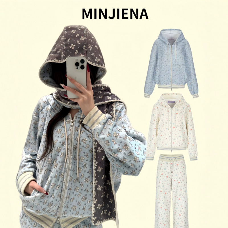 Korean minjiena hooded sweatshirt, women's trendy zip-up jacket, loose-fitting athletic pants, new thin fleece set Korean minjiena hooded sweatshirt, women's trendy zip-up jacket, loose-fitting athletic pants, new thin fleece set