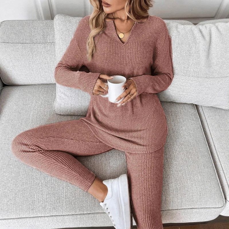 2025 New Cross-Border Amazon Women's Fashion Casual Suit V Neck Design Simple Fashion Casual Home
