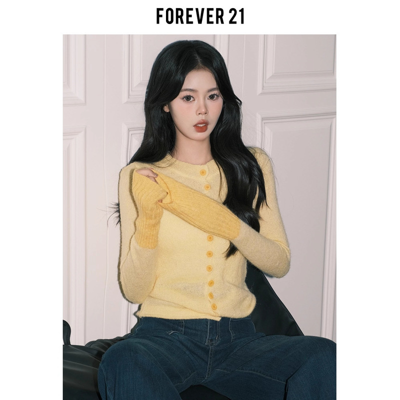 Forever 21 Vanilla Custard Wear Soft Waxy Goose Yellow Patchwork Knitted Cardigan Women's Autumn Long Sleeve Slim Top