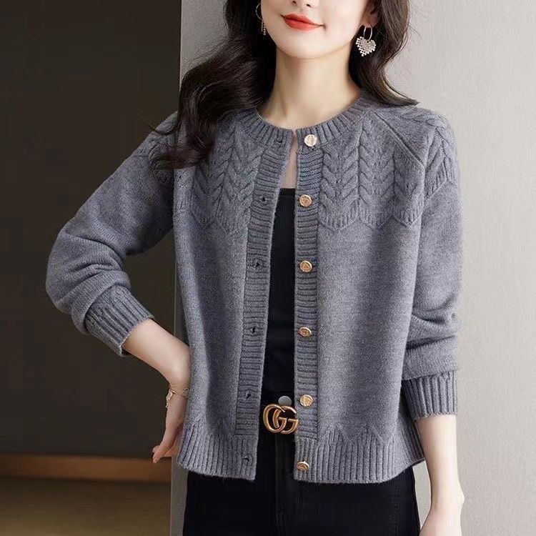 2025秋季新款圆领毛衣开衫女士提花宽松洋气百搭短款针织外套上衣|undefined