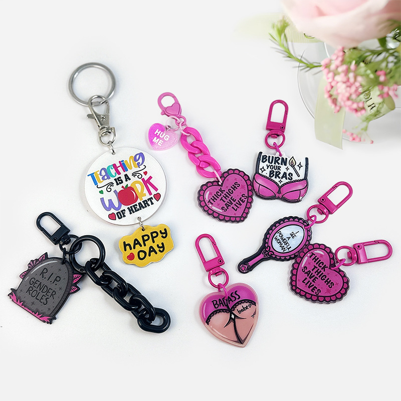 Cross-Border Hot Selling Double-Sided Acrylic Pink Girl Heart Interesting DIY Keychain Bag Pendant Mobile Phone Hanging