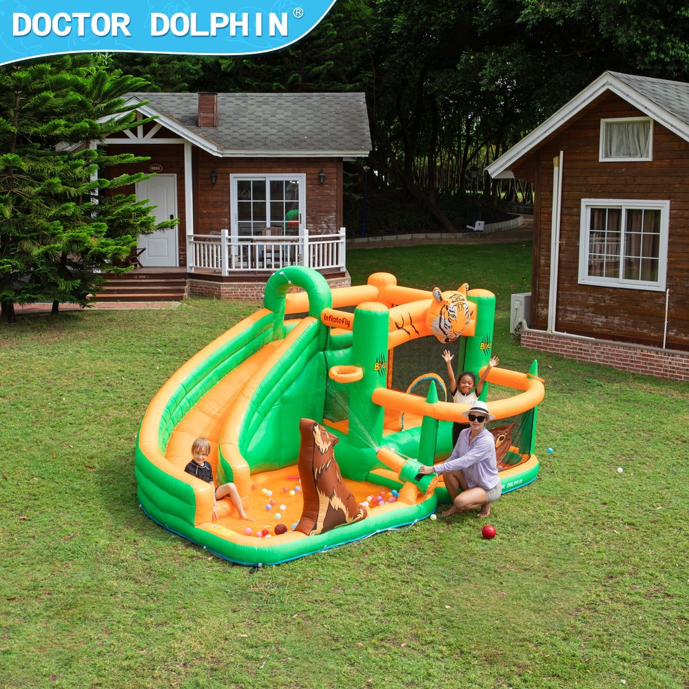 Dr. Dolphin Castillo inflable para niños al aire libre tobogán de agua castillo de chorro de agua casa trampolín inflable parque al por mayor