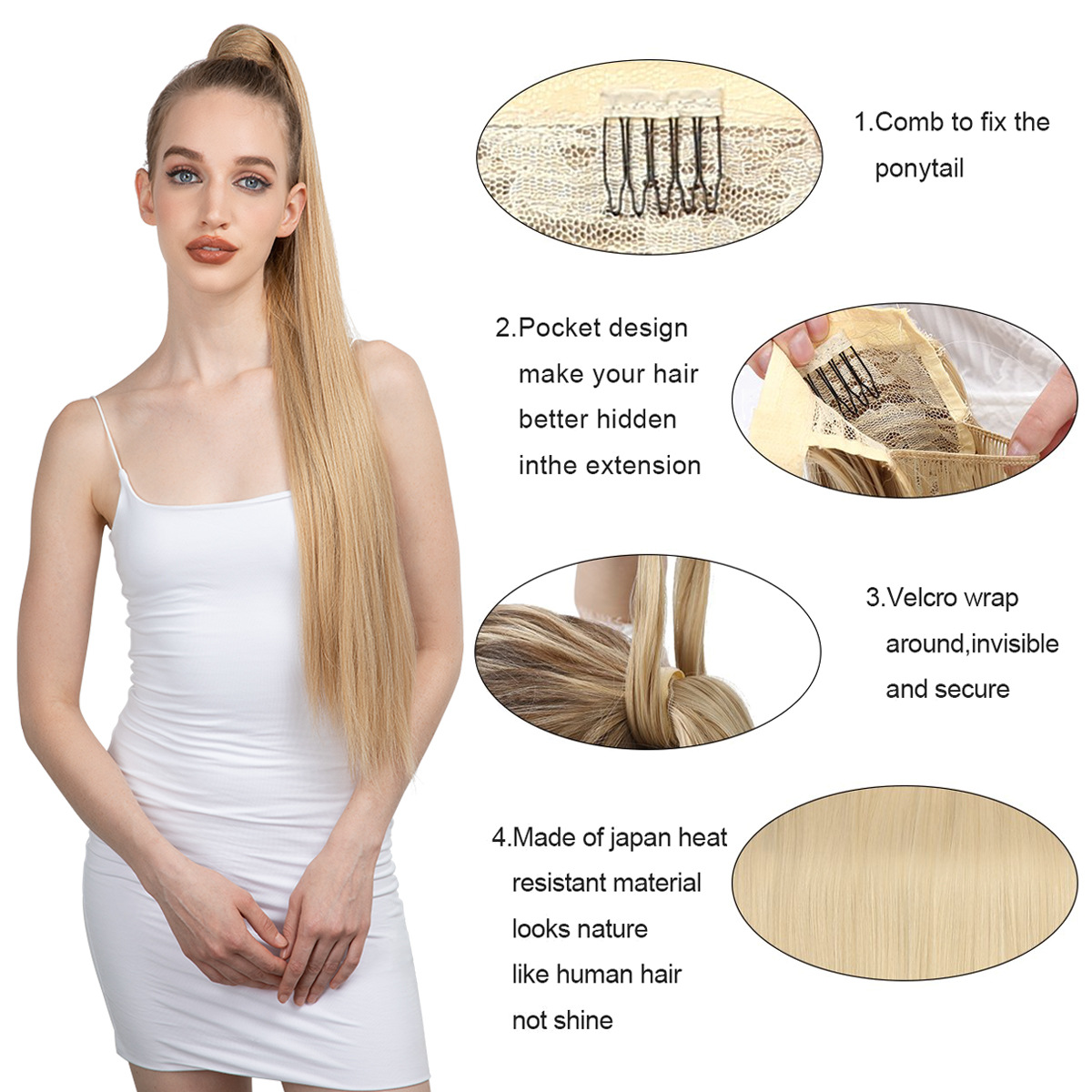 Fabricante comercio exterior peluca europea y americana cola de caballo larga mujer pelo largo liso fibra química seda mate natural enrollado cola de caballo