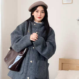 灰色连帽呢子外套女小个子2025秋冬季新款斗篷高级感加厚毛呢大衣