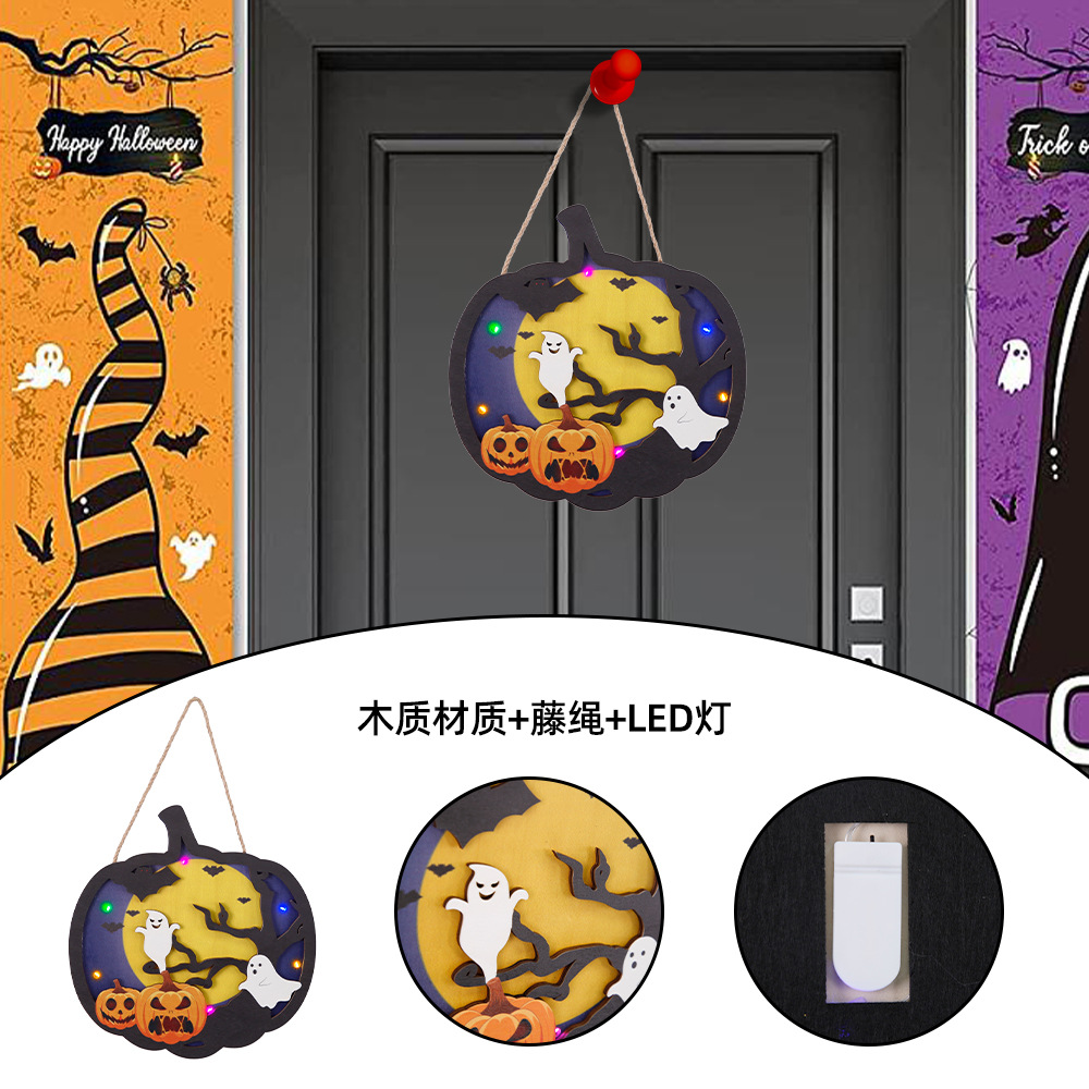 Nuevo Halloween de madera colgante luz-emisor fantasma Festival atmósfera diseño accesorios calabaza fantasma puerta redonda placa adornos