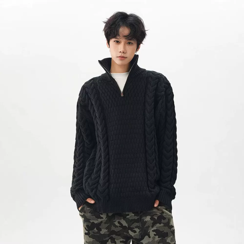 简恒美式街头粗坑麻花半拉链针织衫男潮牌宽松情侣套头老钱风毛衣