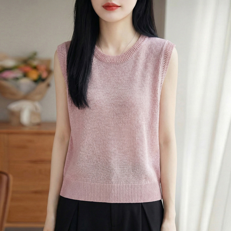 2026 Spring and Summer New Style Japanese Paper Yarn Round Neck Knitted Vest for Women, Solid Color Sleeveless Pullover Inner Layering Top