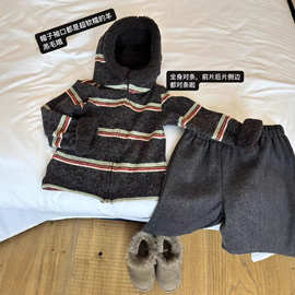 韩系撞色条纹连帽外套套装2025冬季新款复古拉链连帽毛绒裤子套装