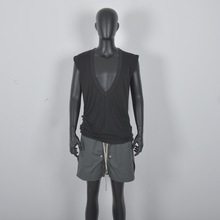 新RO个性深V含羊毛超薄半透明无袖背心时尚潮流男装夏男网红上衣