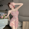Southeast Asian Sexy Mesh Print Wrapped Hip Skirt with Hanging Strap and Ruffle Edge Dress
