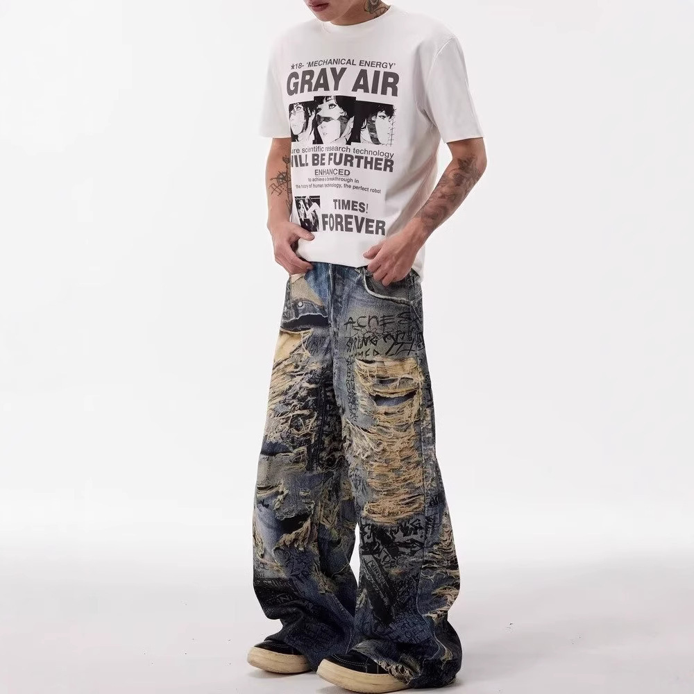 Herren-Jeans im Graffiti-Look mit 3D-Digital-Distressed-Effekt, Streetstyle, gerader Schnitt, lockere Passform, weites Bein_voghion.com