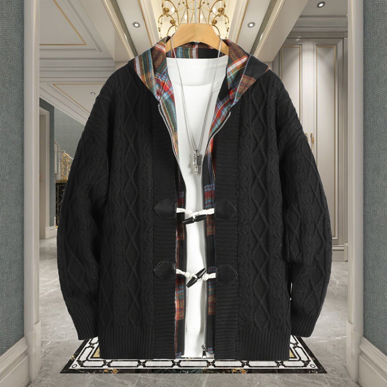 Cardigan de punto a cuadros, camisa de hombre primavera y otoño pesada con sombrero, marca de moda suelta, camisa de costura universitaria