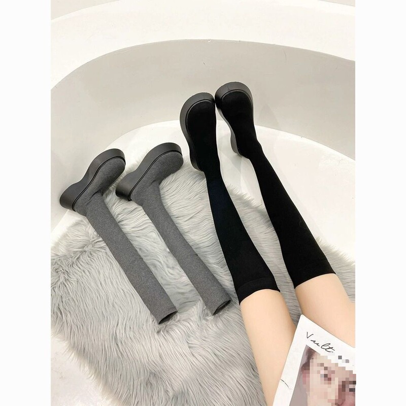 Elastic Boots for Women, High-Heeled Short Boots, Knitted Spring and Autumn New Style Single Boots, Round-Toe Sock Boots, Chunky Heel Shoes, Over-The-Knee Long Boots, High Heels