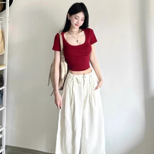 Red U-neck Short Sleeve Square Shoulder T-shirt for Women 2025 Summer Simple Hot Girl Fashion Fitted Slimming Short Top