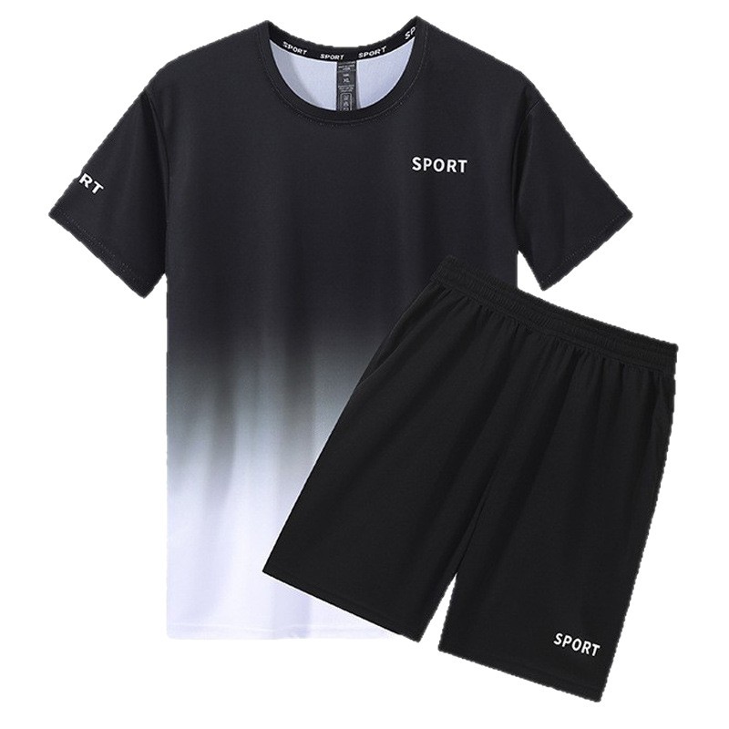 Trajes de deportes de ocio transfronterizos para hombres rápidos secos de manga corta correr transpirable acondicionamiento físico de verano de dos piezas ropa de transporte de seda de hielo gradiente