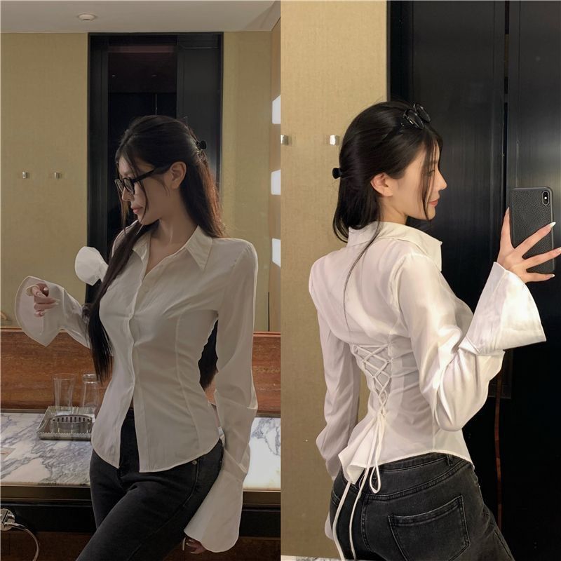 收腰设计新款感修身衬衣上衣显瘦长袖衬衫绑带白色小众别致系带|undefined