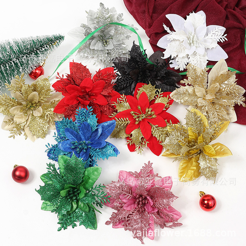 圣诞节装饰品仿真圣诞花塑料花绒布花圣诞树配件挂饰金粉场景布置