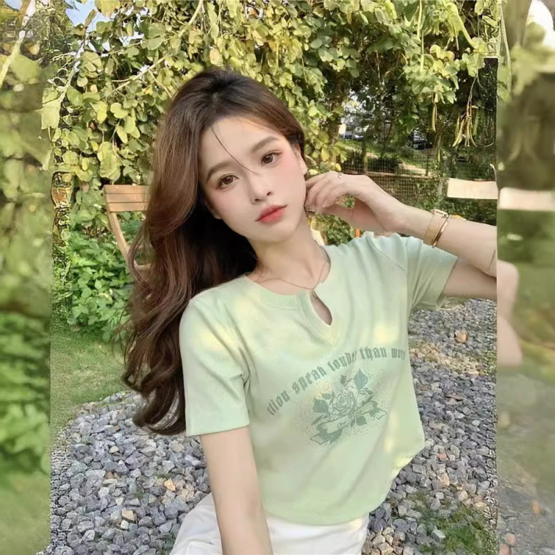 Irregular Design Sense Niche V-neck Short-sleeved Mint Green T-shirt Women's Slim-fit Short Shoulder Hot Girl Top Summer Ins