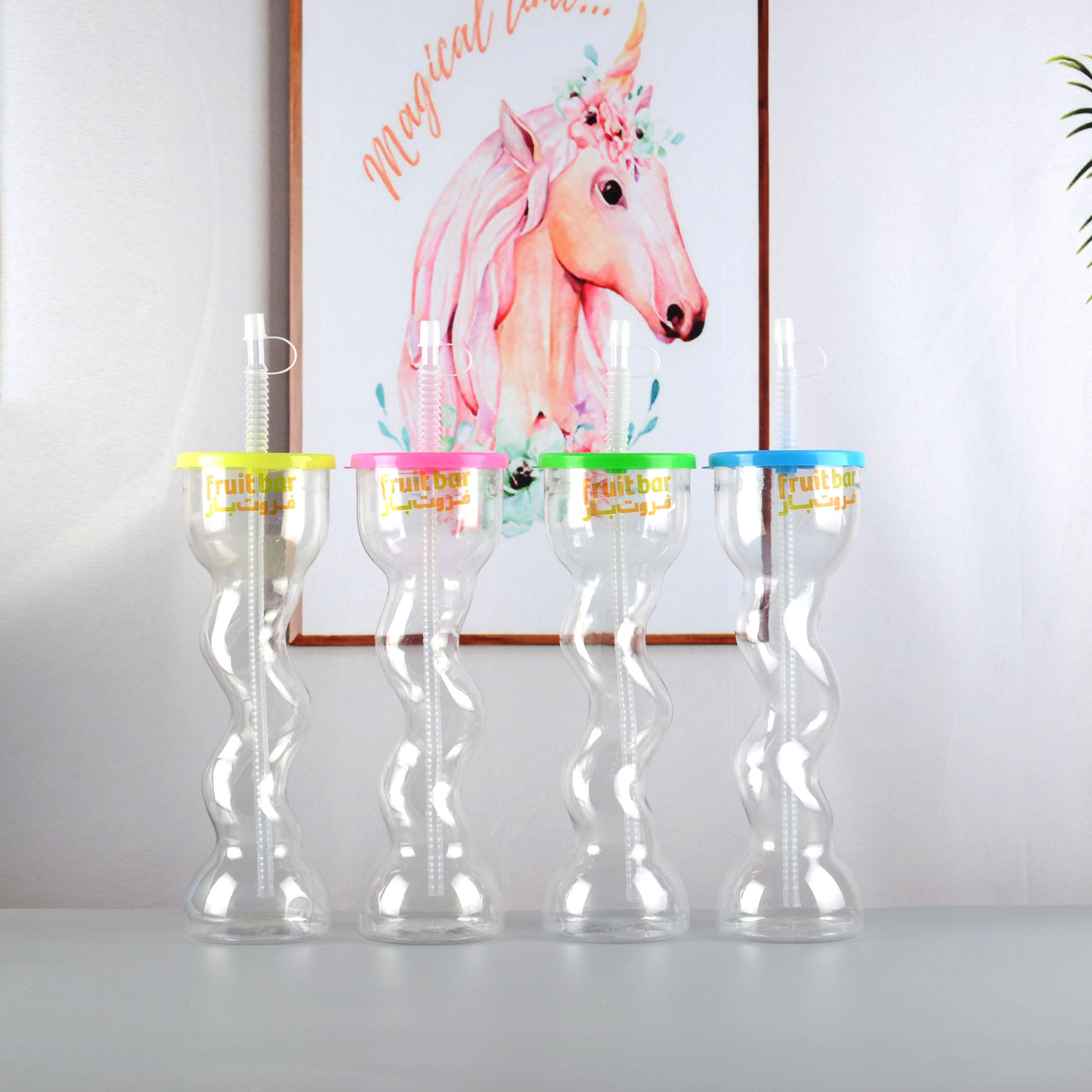 600ML弯弯塑料吸管杯冰沙雪泥杯塑料果汁饮料奶茶杯景区海洋馆