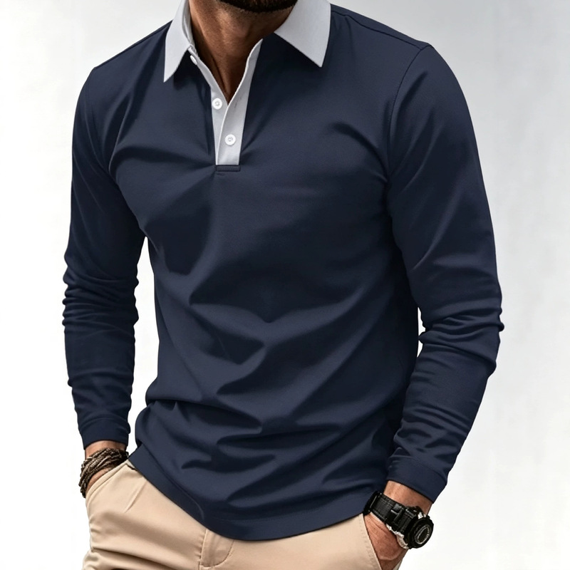 Men's Long Sleeve Casual POLO Shirt, Navy Blue with Contrast Collar and Button Placket, Suitable for Everyday Wear