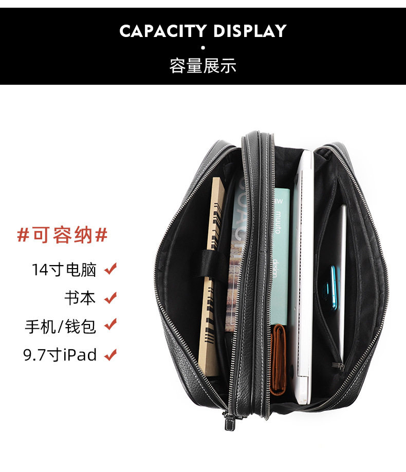 Cặp công sở da bò lớp đầu khóa kéo đôi, túi xách tay nam đựng laptop 14 inch dung lượng lớn, có dây đeo vai 38×11×28 cm — đen chi tiết 8
