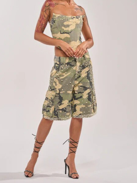 green rhinestone camo denim bermuda shorts detail 7