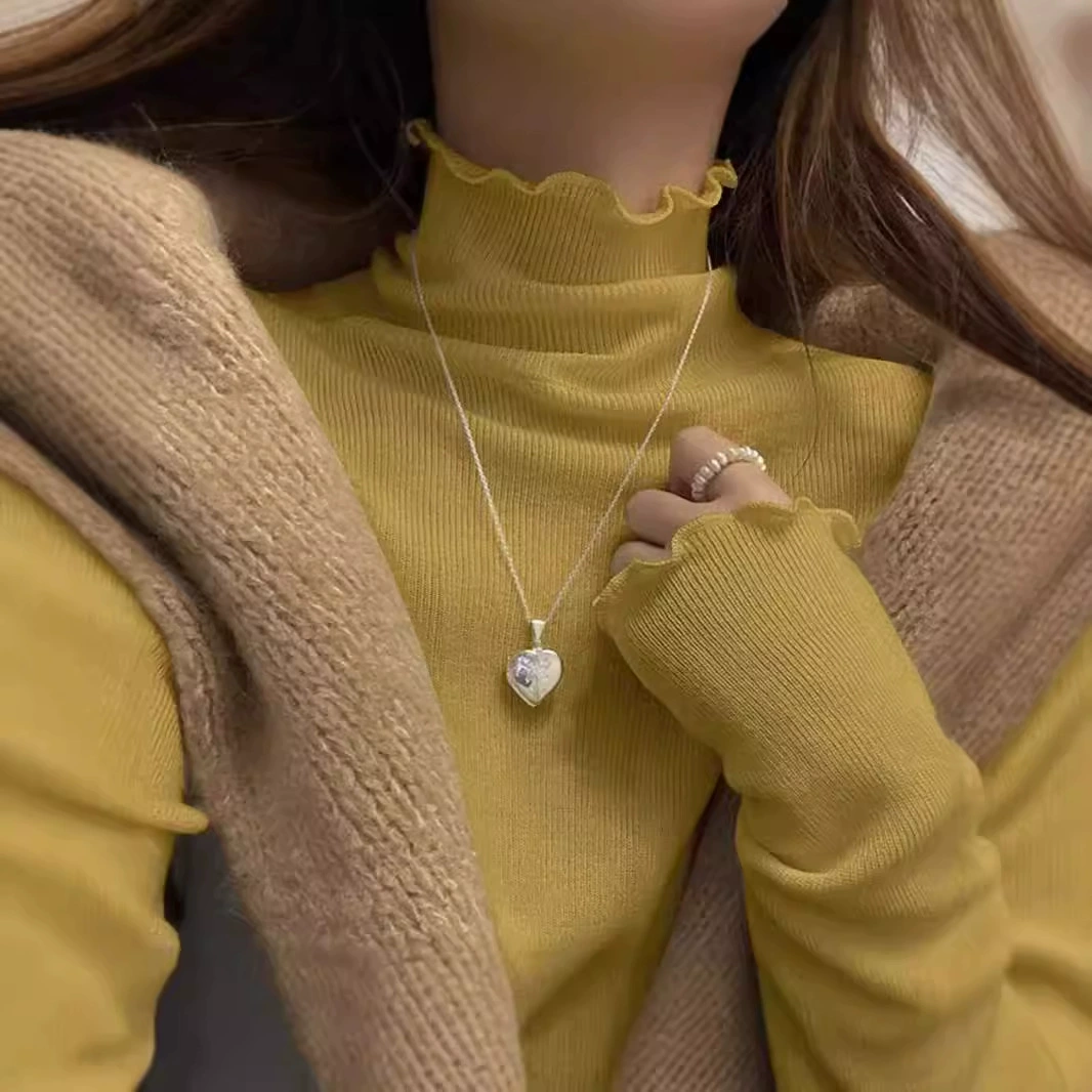 Нитка Delong 1*1 осень и зима полувысокий воротник деревянный ухо рубашка нижняя футболка женская дикая сплошная с длинными рукавами