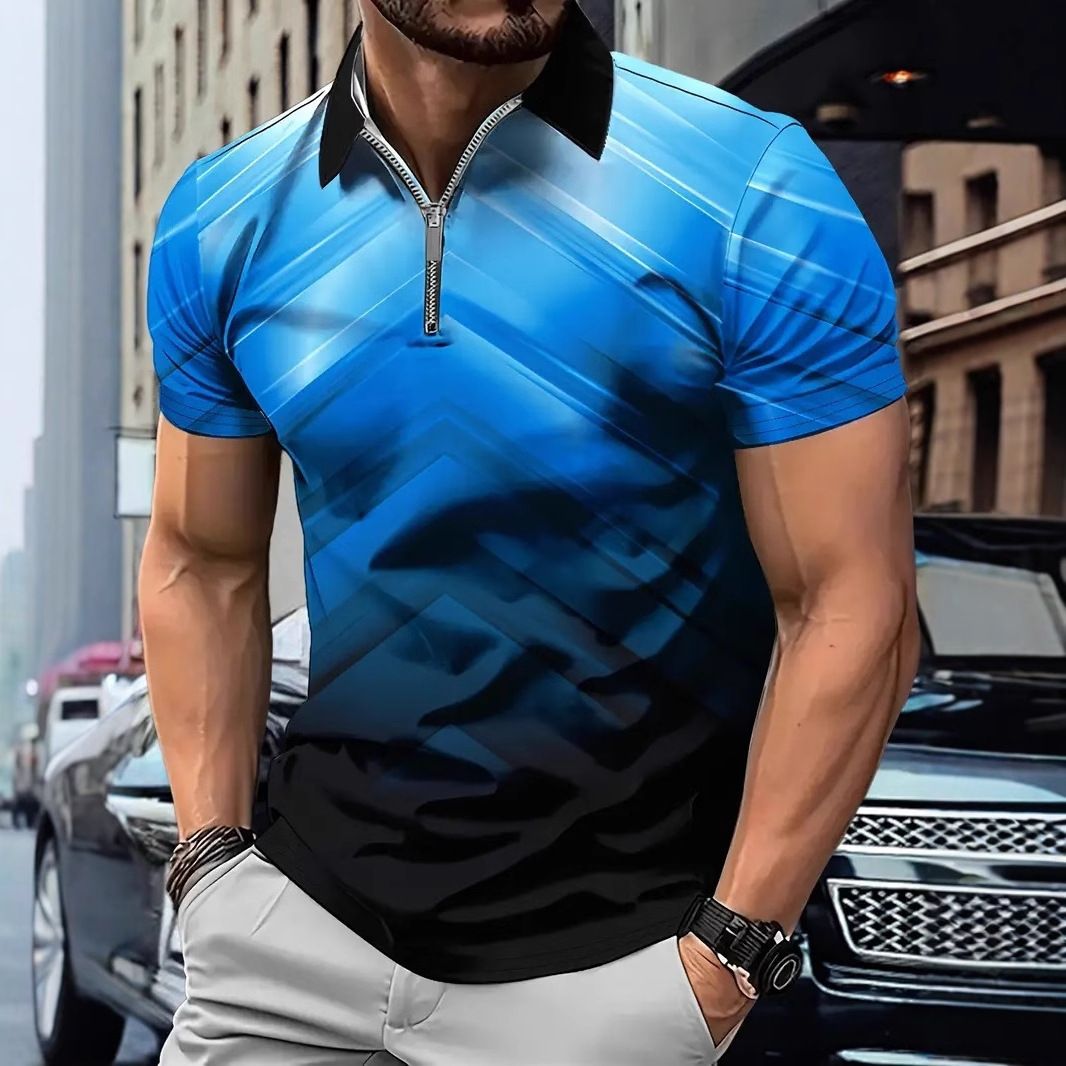 Tecnología de venta caliente halo de color degradado impresión 3D hombres calle alta todo-fósforo solapa hombro ancho ancho cremallera suelta camisa POLO
