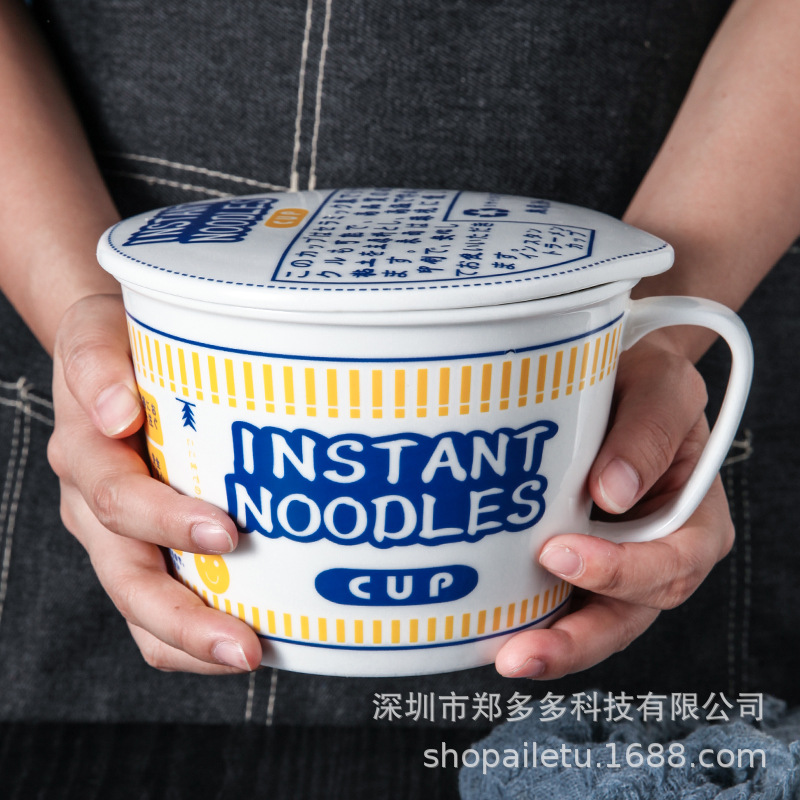 Tazón de fideos instantáneos de cerámica de estilo japonés Home Office School tazón de fideos instantáneos tazón de ramen con tapa tazón de cerámica grande taza de fideos instantáneos