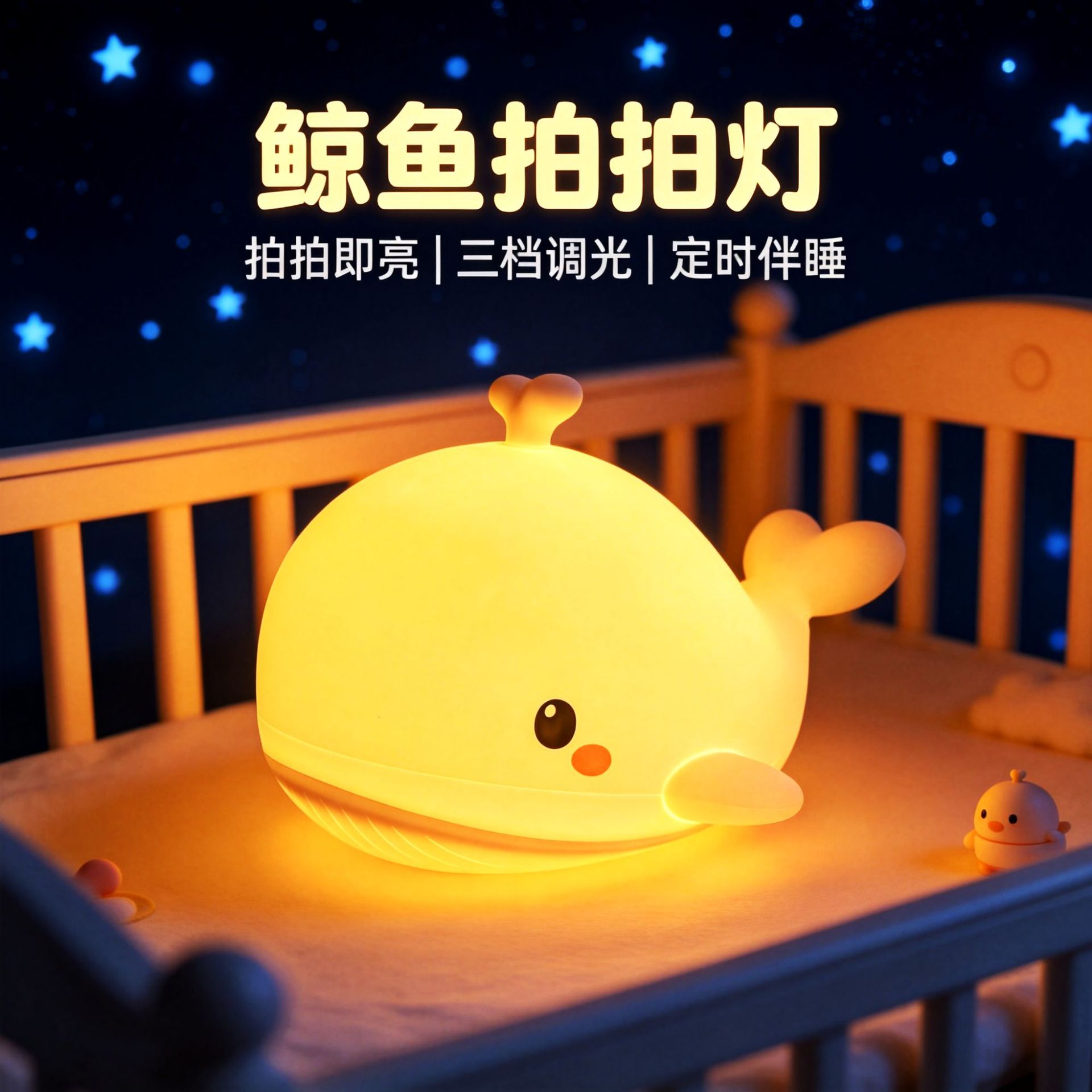 跨境爆款鲸鱼硅胶小夜灯 金黄光护眼级床头伴睡儿童拍拍灯充电