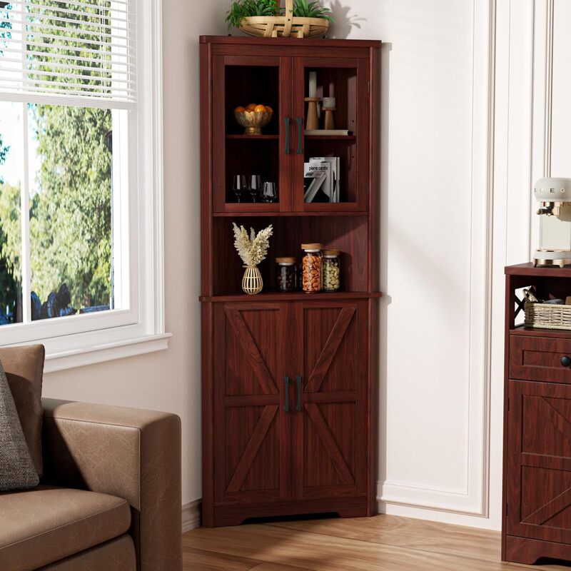 Rustic Brown Farmhouse Storage Cabinet with Barn Door Open Storage Glass Door Sideboard Kitchen Dining Room