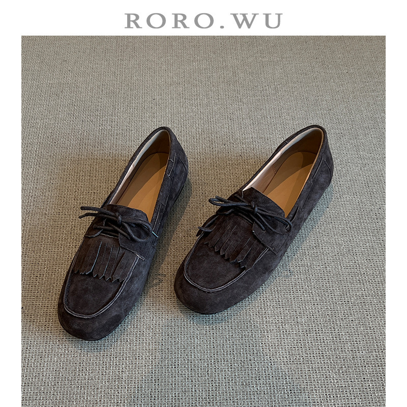 Sheepskin Version ~ Suede Retro Genuine Leather Slip-On Loafers for Women, Round Toe Lace-Up Flats Lazy Tassel Bean Shoes