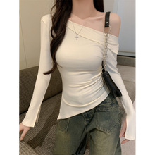 跨境纯欲辣美斜肩长袖t恤女装上衣服高级感不规则设计修身t恤定制