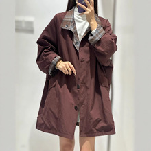 通勤百搭拼接双面穿中长款外套女 2025秋季新款宽松大码格子风衣