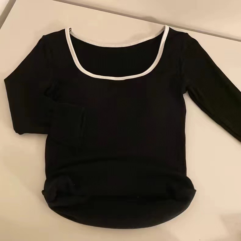 Otoño e invierno cepillado cálido top de manga larga de una sola pieza de contraste de color SLIM-Fit diseño adelgazante bottoming Top con almohadilla para el pecho