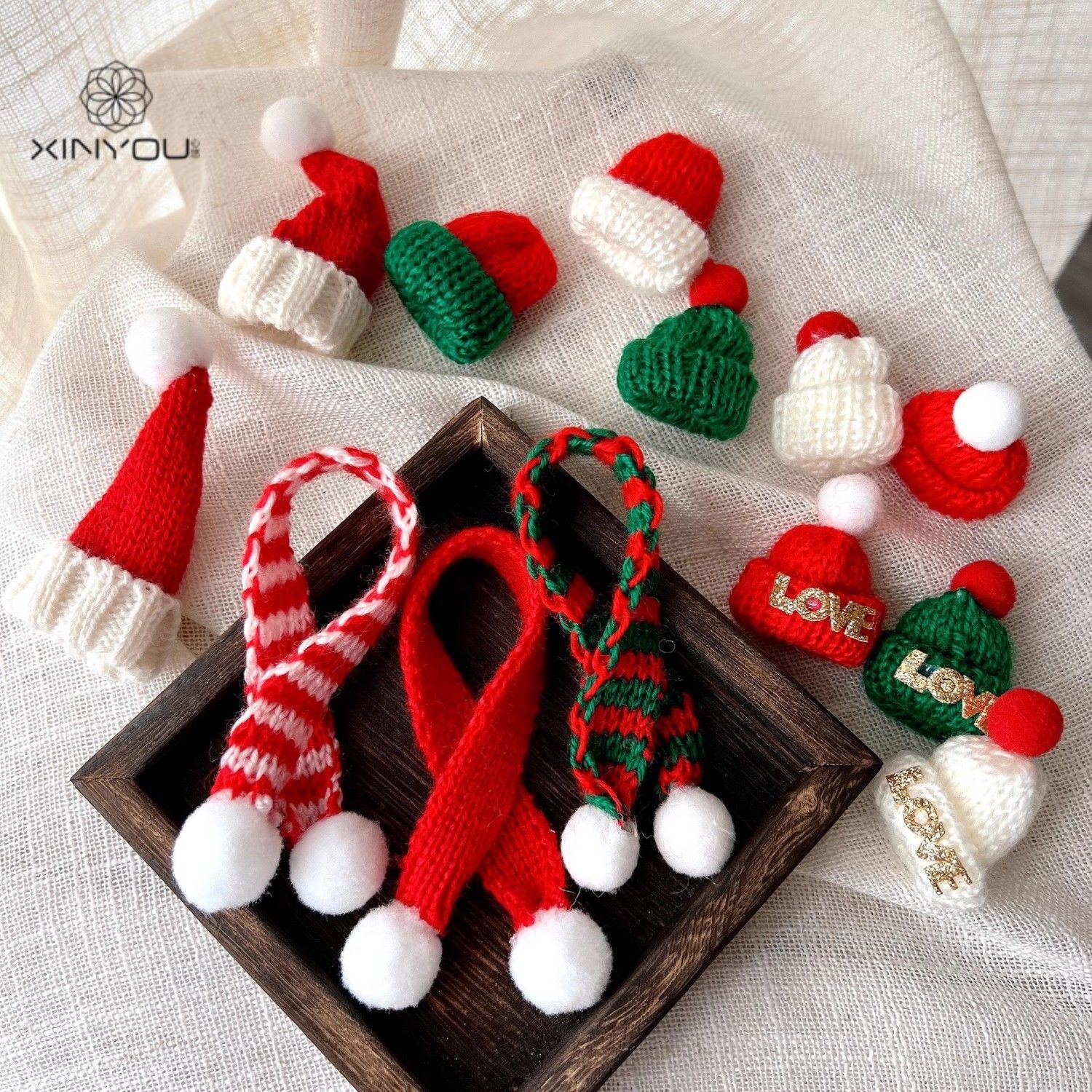 圣诞熊配件毛线小帽子红绿围巾平安果礼盒蛋糕装饰圣诞树DIY材料