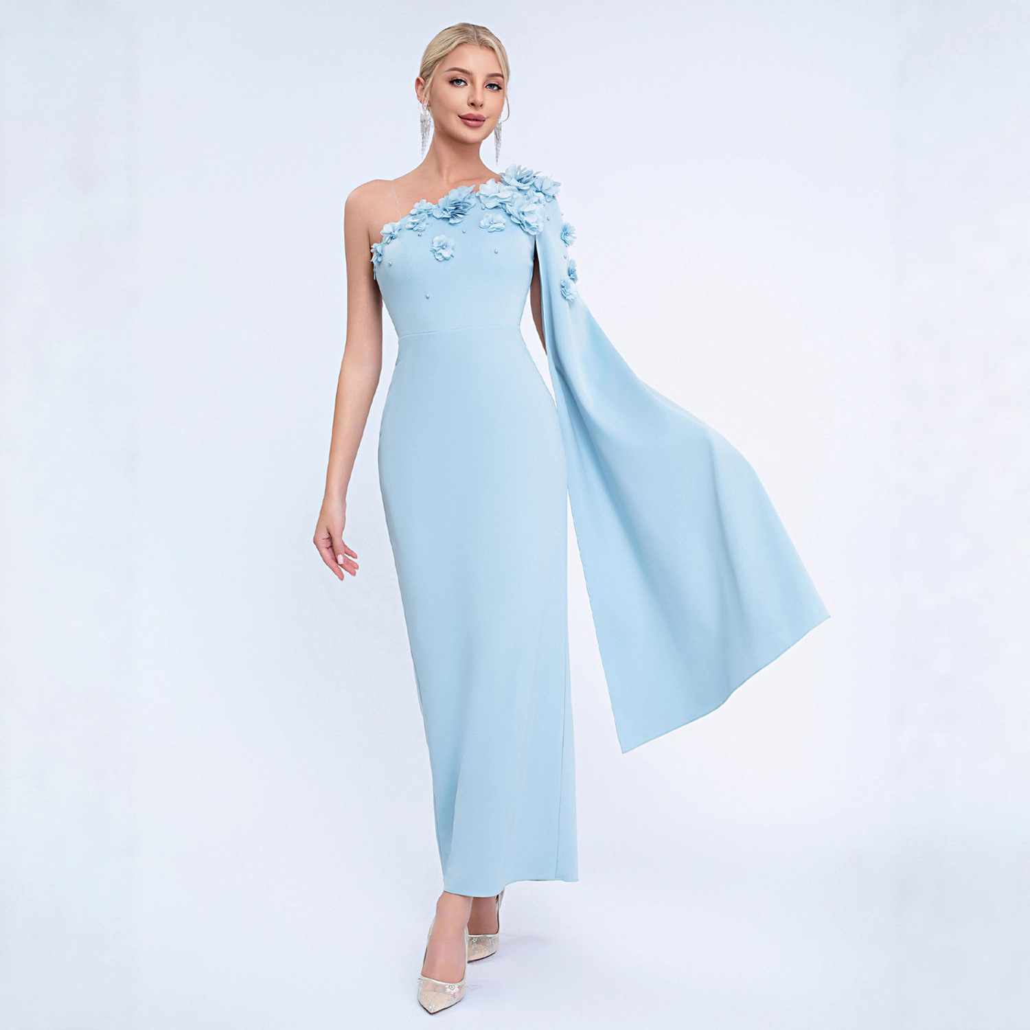 新款宴会婚纱时尚斜肩立体连衣裙名媛派对拼接不规则收腰晚礼服