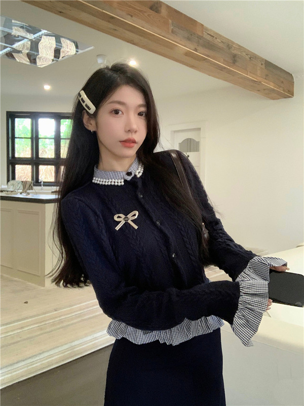 实拍~假两件拼接长袖设计款针织衫女+高腰显瘦开叉长款半身裙套装|undefined