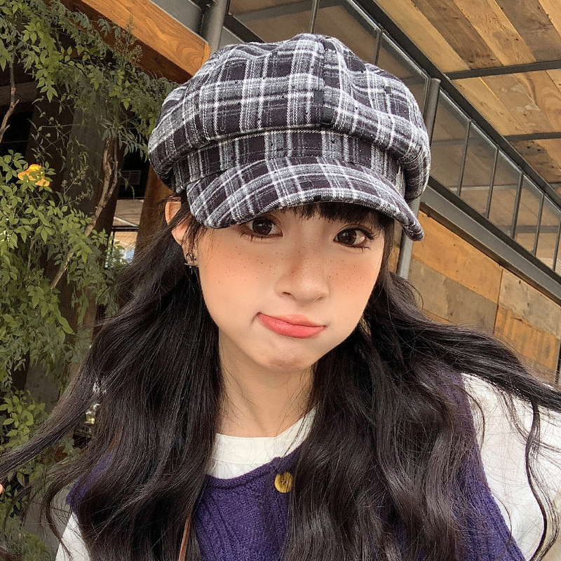 格纹八角画家帽子女秋冬文艺复古显脸小云朵帽时尚百搭鸭舌贝雷帽|undefined