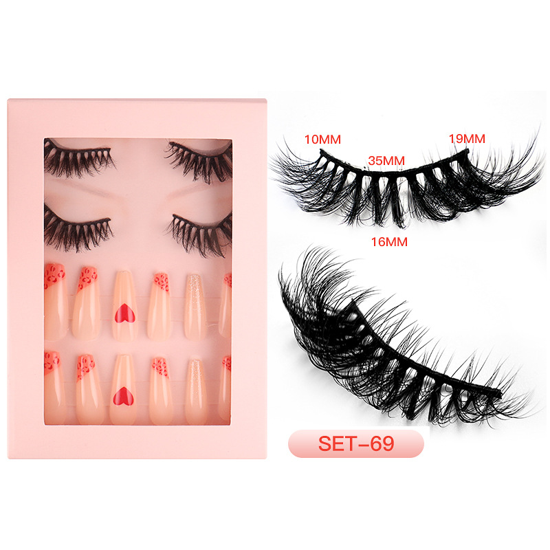 Cross-Border Hot Selling High Imitation Mink Hair False Eyelashes Manicure Wear Nail Combination Set Eyelash in Stock Wholesale