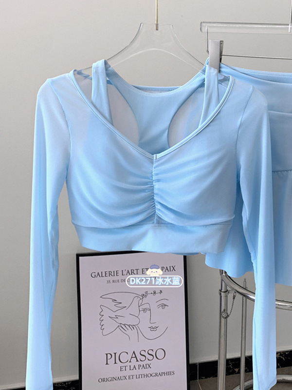 2025 新製品偽ツーピースメッシュヨガウェア Tシャツ女性の長袖通気性痩身フィットネスピラティストップ|undefined