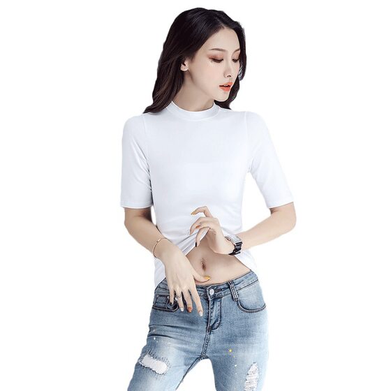 Round Neck V-Neck Small High Neck Mid-Sleeve T-Shirt Women's Slimming Slim-Fit Seven-Quarter Sleeve Inner Half-Sleeve Half-High Neck Base Top for Women